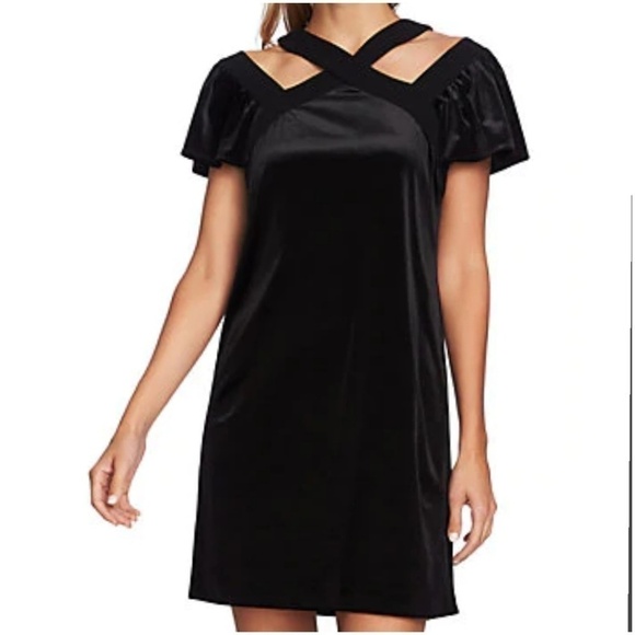 NEW CECE Black VELVET Flutter Sleeve CUTOUT Mini COCKTAIL Shift DRESS XS - Picture 1 of 6